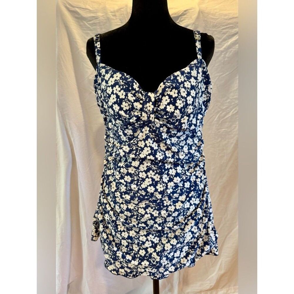 Vintage Style Navy Blue & White Floral Ruched One Piece